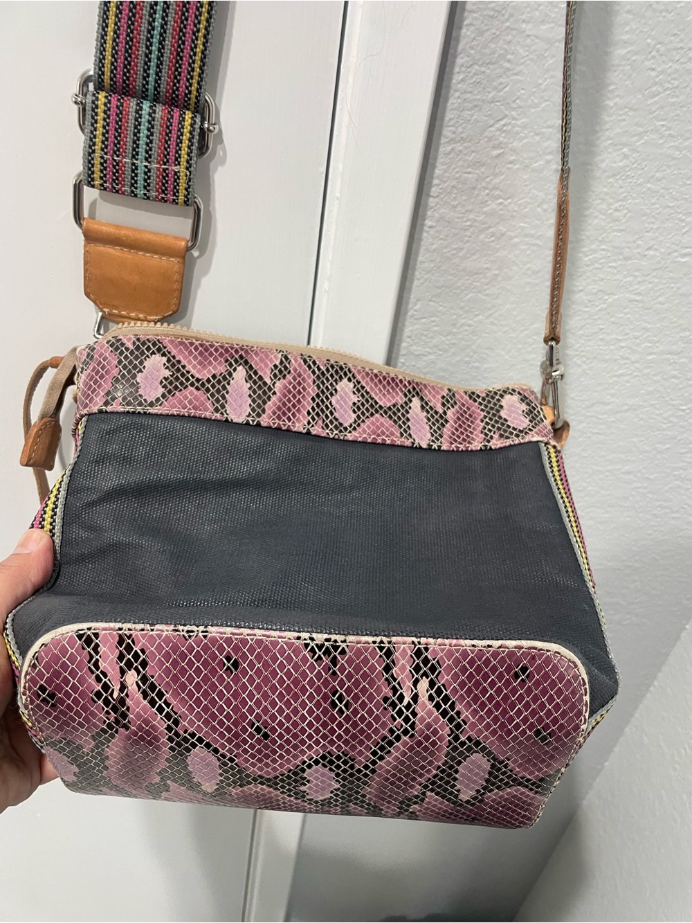 Consuela Crossbody Bag with Pink Snake Trim and Black Body - Picture 8 of 9